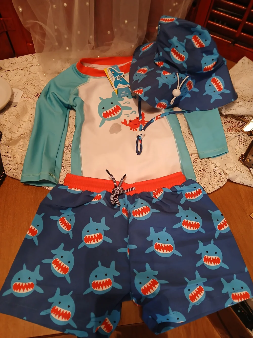 Toddler Shark Swim Suit Rash Guard Set with Matching Hat - Blue & Aqua